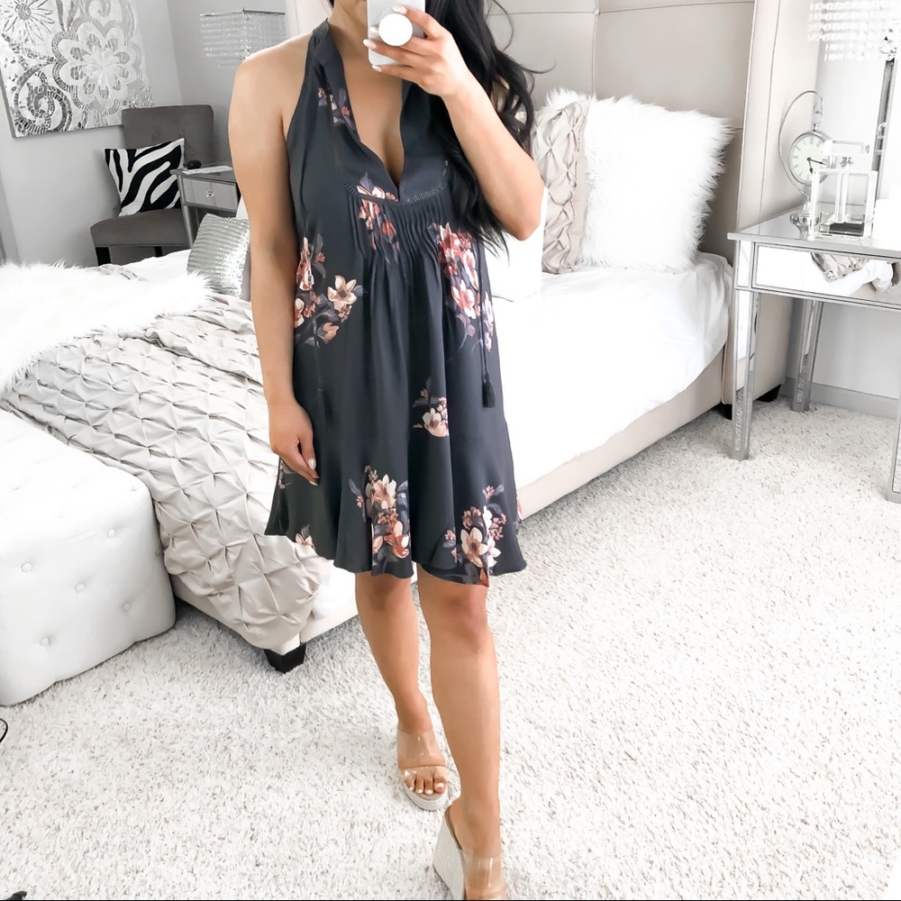 Boho Flower detail Mini Swing Halter Dress